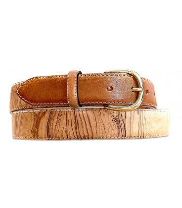 Belt in Wood & Leather, Ash-Olive tree burl, solid brass 30R - MELISSAMBRE