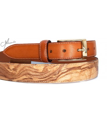 Belt in Wood & Leather, Ash-Olive tree burL-Solid brass30 - MELISSAMBRE