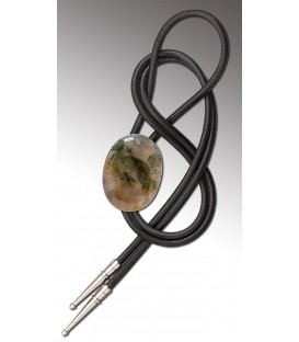 Bolo tie in moss Agate, black leather - MELISSAMBRE